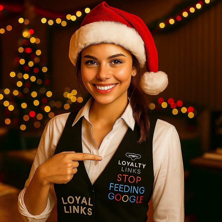 Loyalty links, stop feeding Google - team member in festive dress